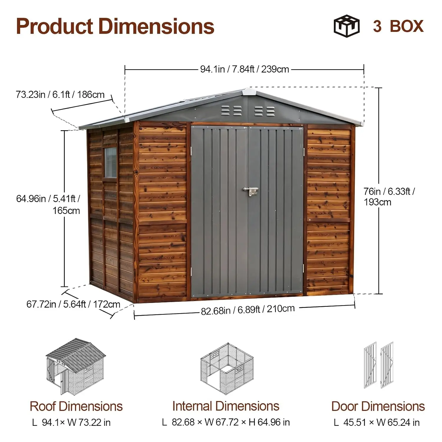 6x8FT Iron Wood Storage Shed Cedar Panels Waterproof Rust-Resistant Window Lockable Doors Metal Roof Garden Backyard, Customized