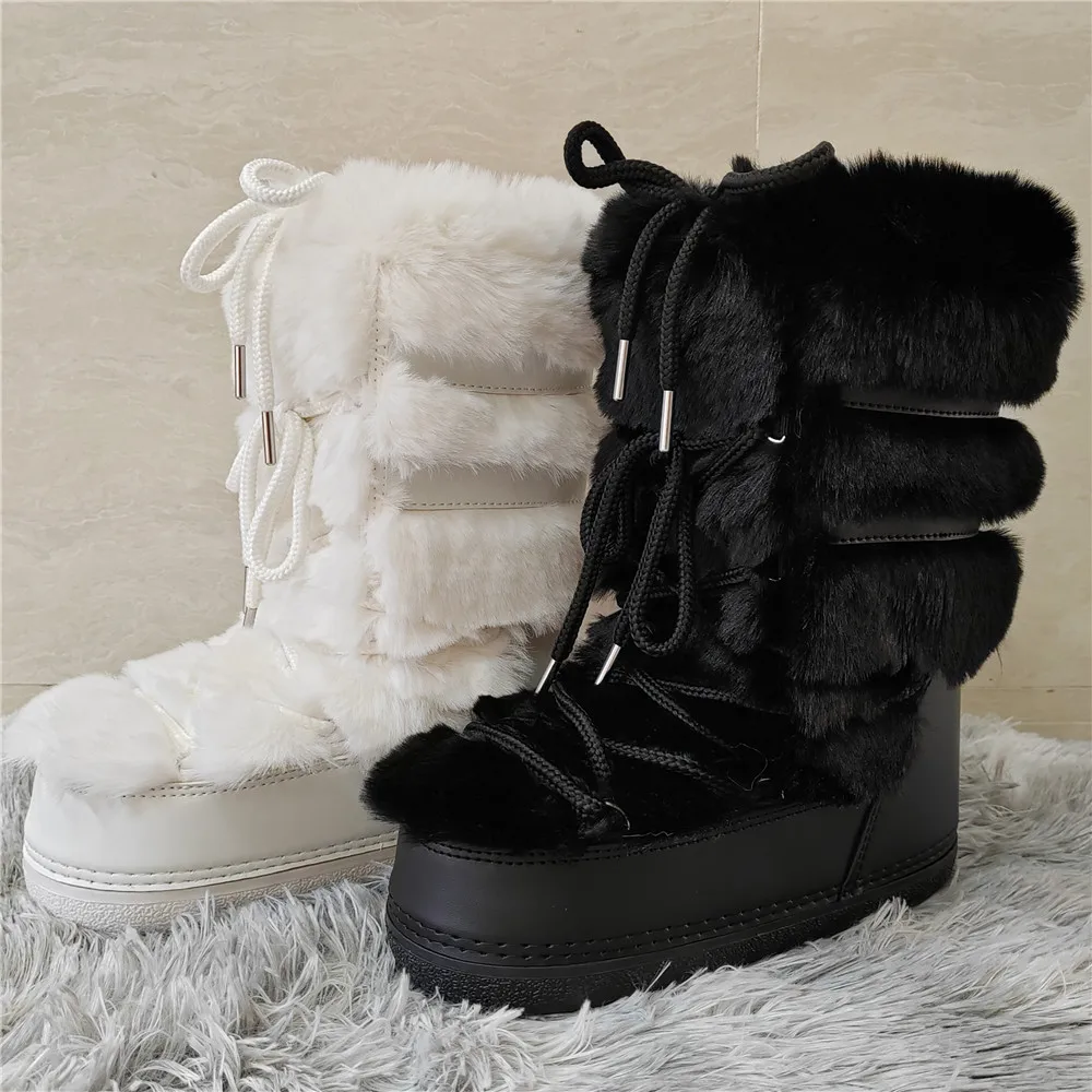 Women Snow Boots Luxury Furry Rabbit Fur Boots 2024 Winter Mid-calf Fluffy Fur Ski Boots Female Waterproof Platform Cotton Boots