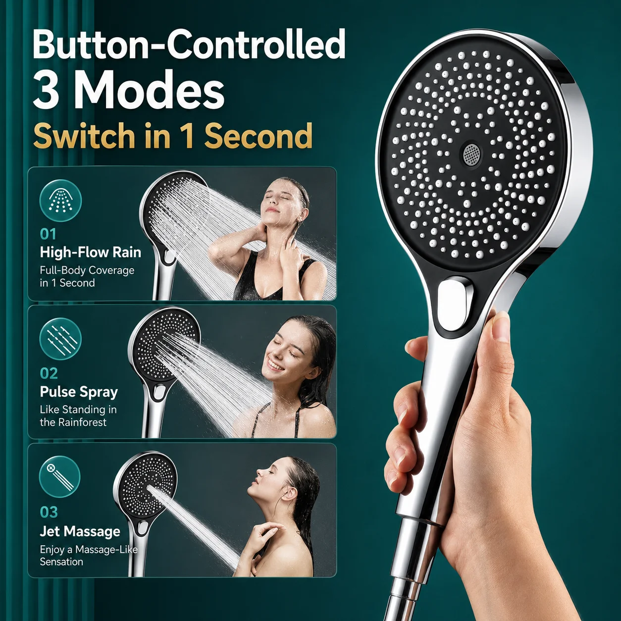 High Pressure Handheld Shower Head German Style Rainfall Showerhead Water Saving One Key Stop Spray for Bathroom Accessories