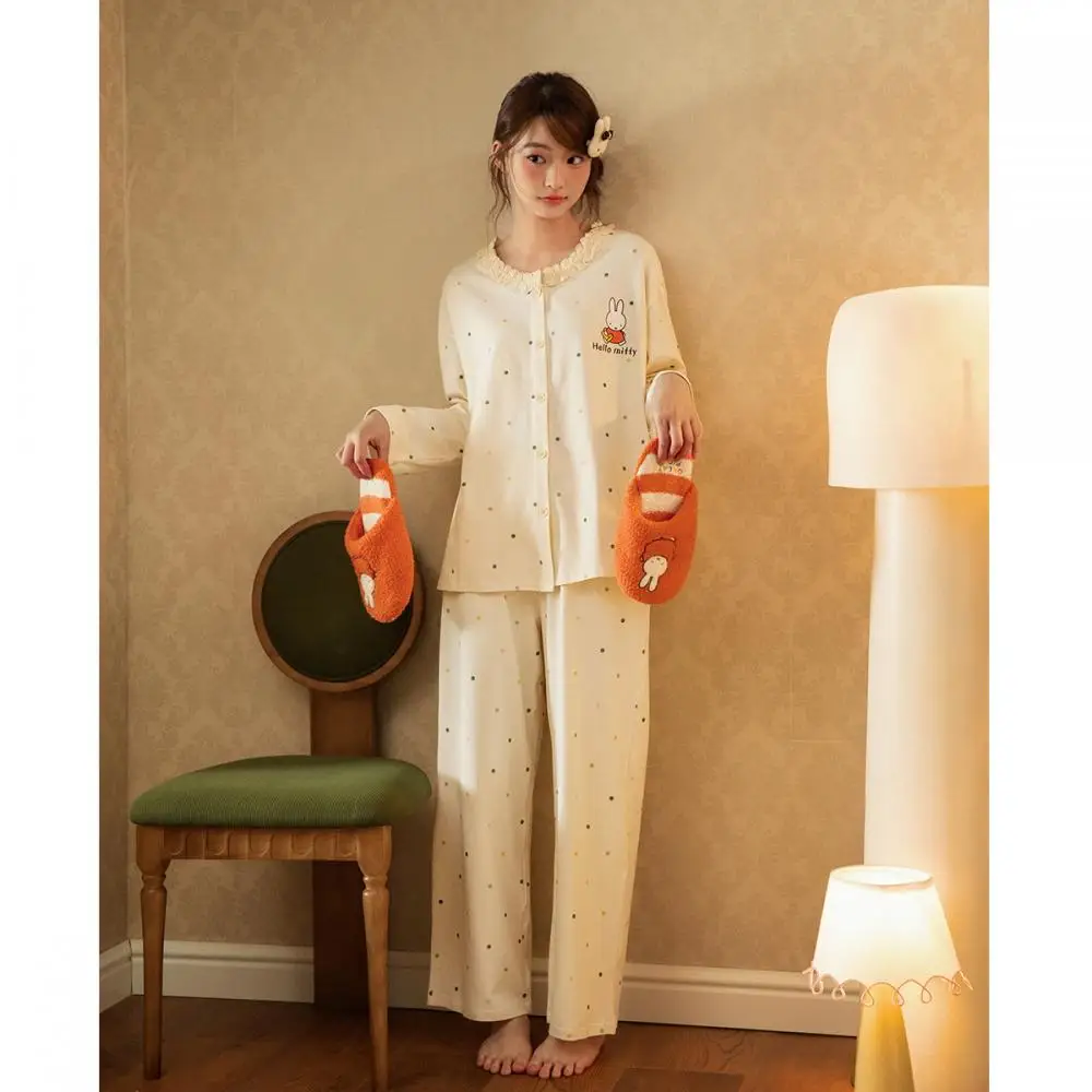 طقم بيجامات أرنب منقط من ميفي قميص وسراويل قطنية ناعمة باللون البيج بأكمام طويلة ملابس نوم للنساء ملابس نوم تصميم أنيمي لطيف #2