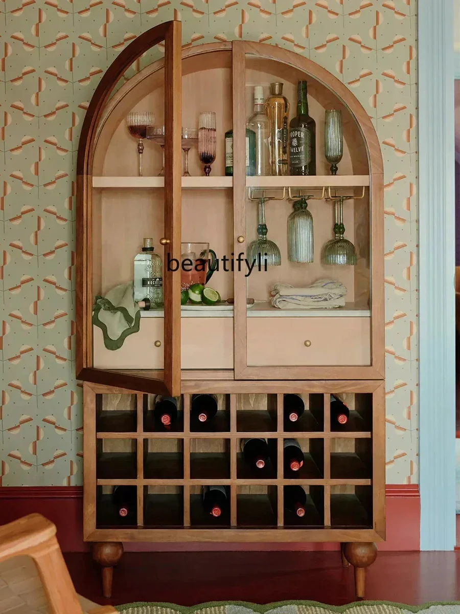 

American rural solid wood wine cabinet living room large-capacity display cabinet French medieval wall storage cabinetFH
