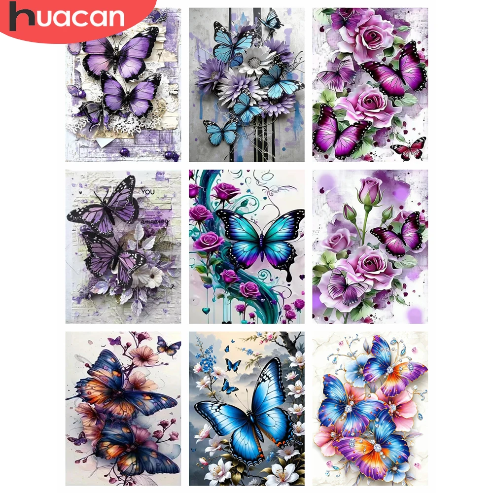 HUACAN 5D Diamantmalerei Schmetterling Blume Tier Mosaik Vollquadrat Rundbohrer Diamantkunst-Sets Rosenblüte Heimdekoration Geschenk