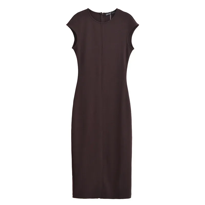 여름 간단한 솔리드 컬러 여성 오피스 드레스 패션 라운드 넥 여성 민소매 긴 드레스