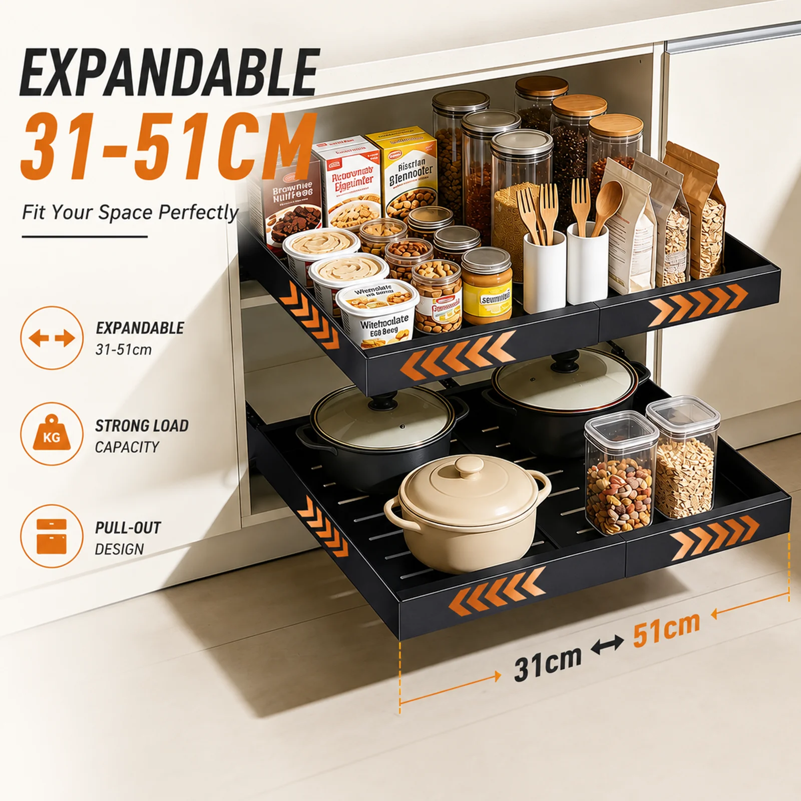 Organisateur d'armoire extensible en acier au carbone, étagère de rangement coulissante réglable 31-51 cm, pour cuisine, garde-manger, salle de bain, gain de place