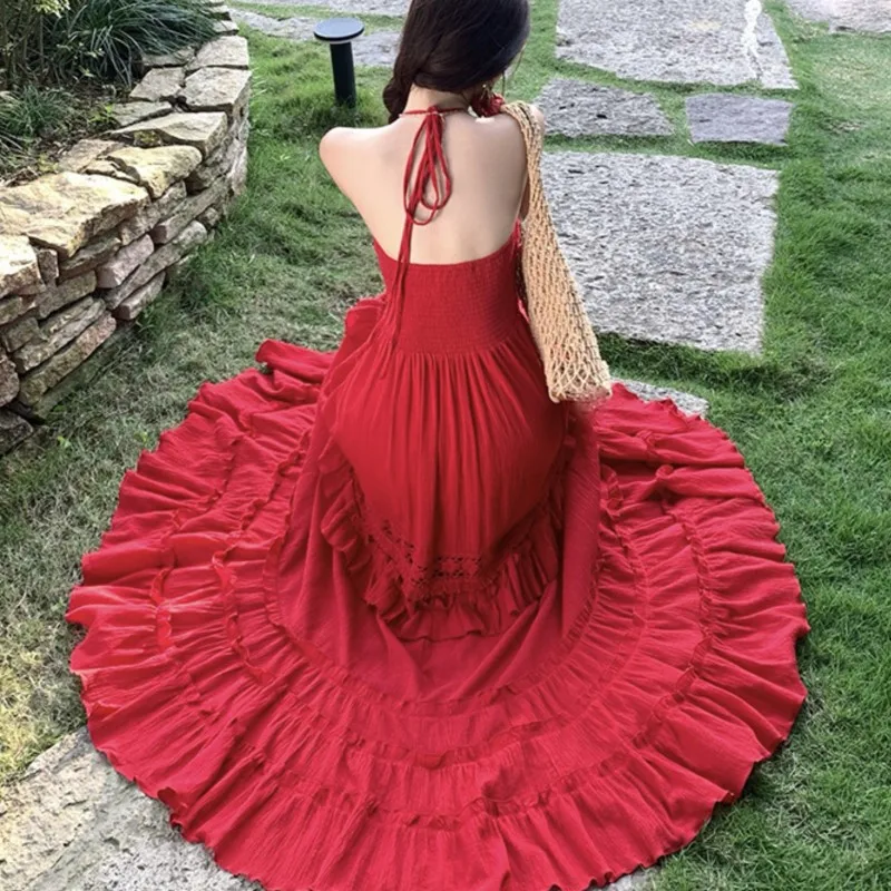 2025 French Retro Red Long Dress V-neck Halter Dress Women Summer Sexy Backless Cake Dresses Casual Boho Beach Holiday Dress