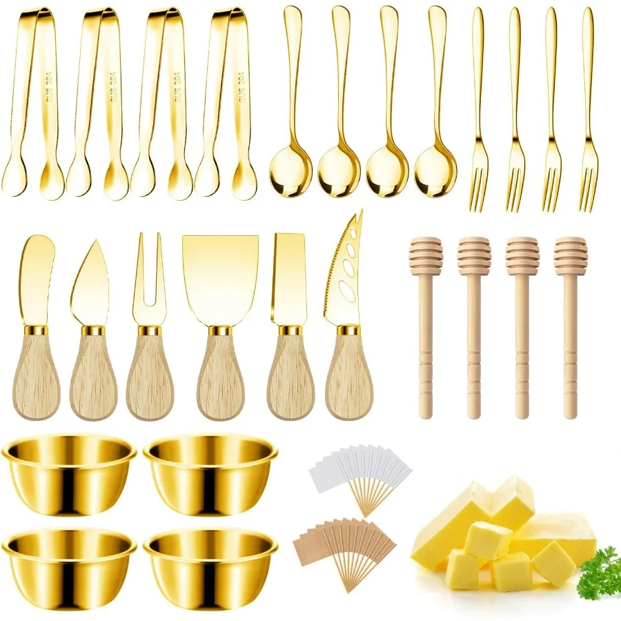 

Элегантный позолоченный набор аксессуаров для досок для мясных изделий с ножом для разбрасывания сыра и масла, маленькие сервировочные щипцы, вилки, ложки, погружения