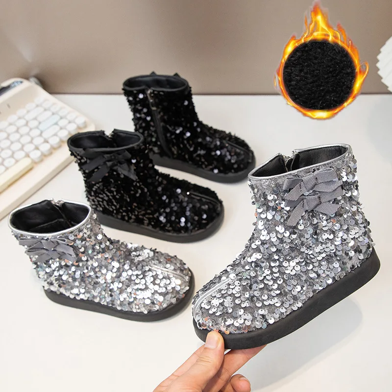 Fashion Girl Boot Autumn Versatile Ankle Boots Anti Slip Casual Soft Leather Boot Sequined Princess Exquisite Elegant Girl Shoe