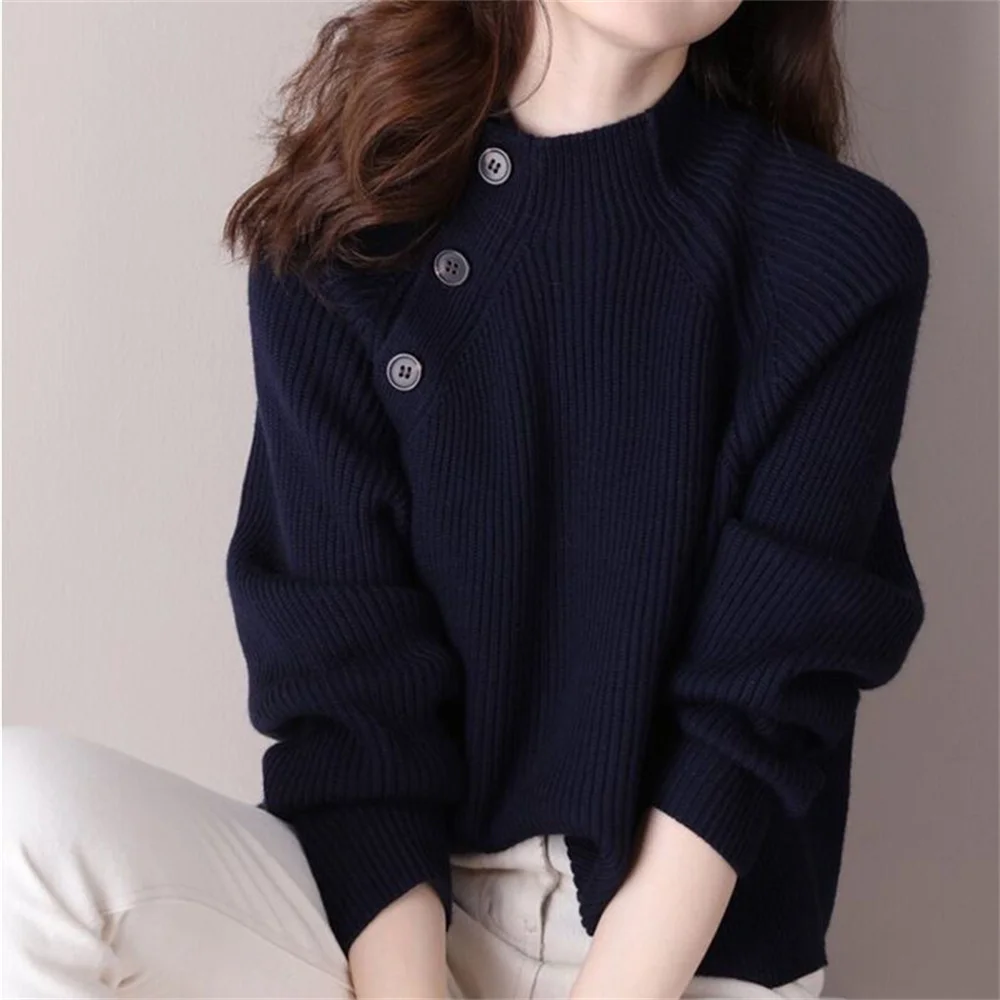 

Female Autumn Pullovers Buttons Loose Turtleneck Women's Knit Sweater Elegant Office Ladies Wear Work Winter 2026 Japanese Style