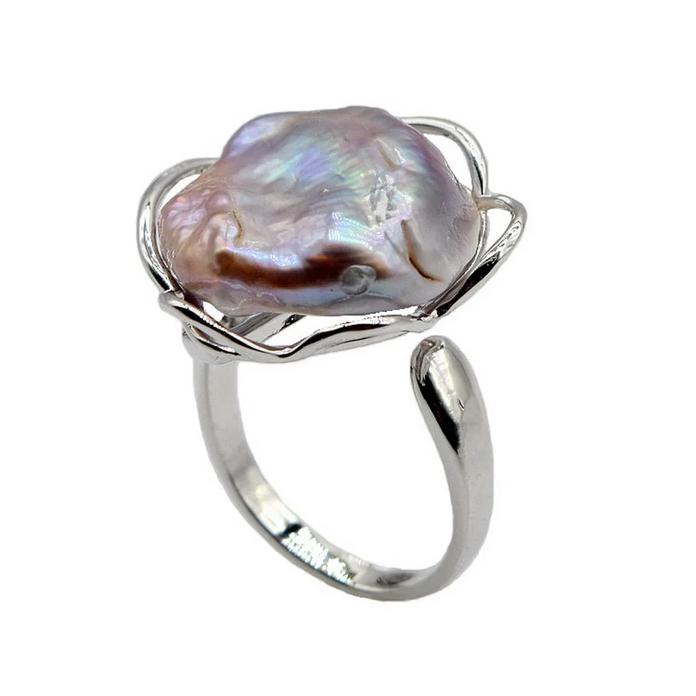 Baroque Ring Natural Freshwater Pearl Adjustable Open Silver Ring Flat Silver Coin Pearl Vintage Women Rings Free Shipping