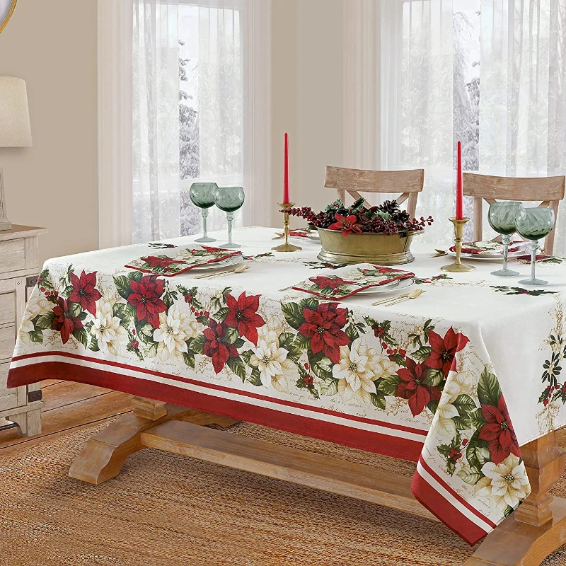 Fashion Border Christmas Fabric Tablecloth Christmas Floral Border Print Antifouling Tablecloth Rectangle Table Decoration