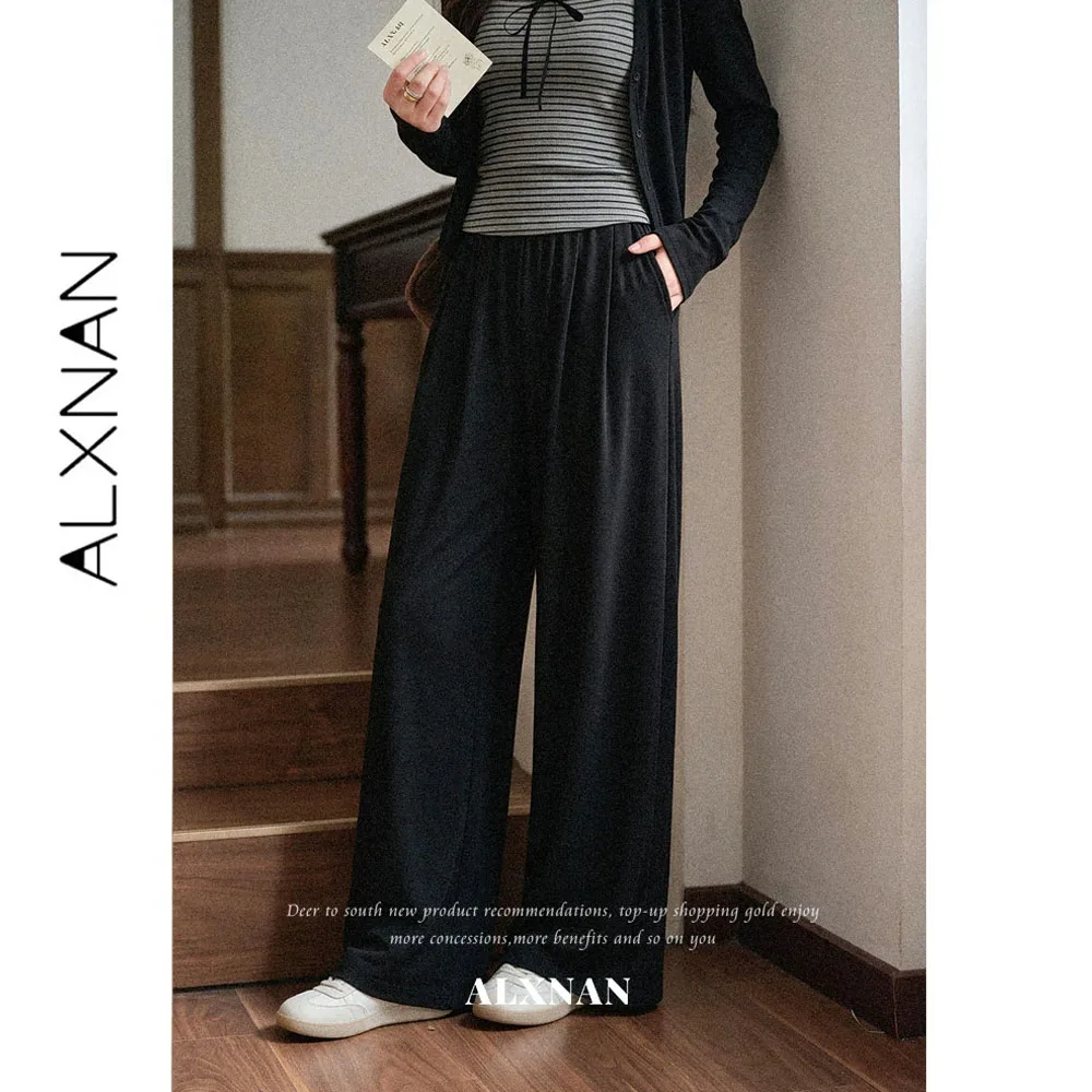 ALXNAN 2026 Women's Black Pants Autumn Elastic High Waist Side Pockets Drape Wide-leg Loose-fit Casual Female Trousers L676118A
