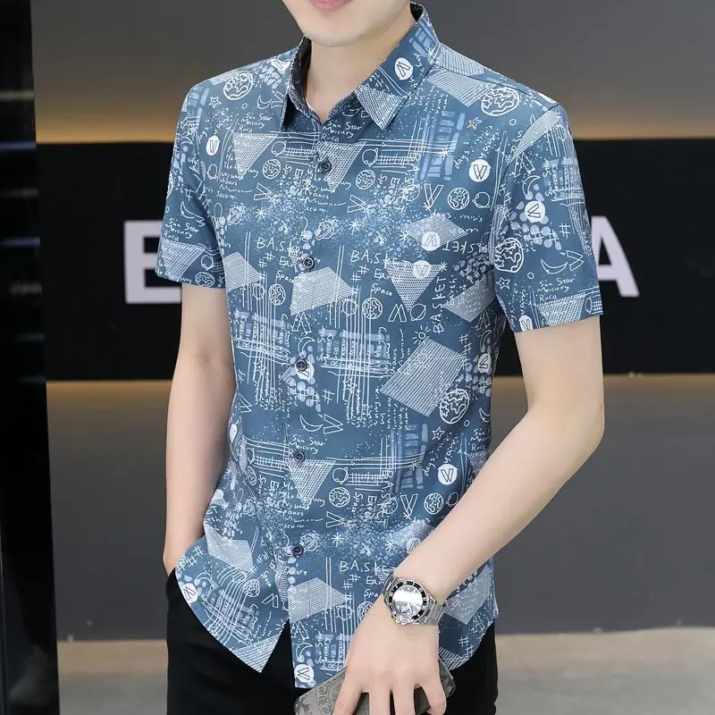 

Mens Lapel Collar Short Sleeve Shirt Allover Geometric Letter Print Slim Fit Button Down Casual Blouse