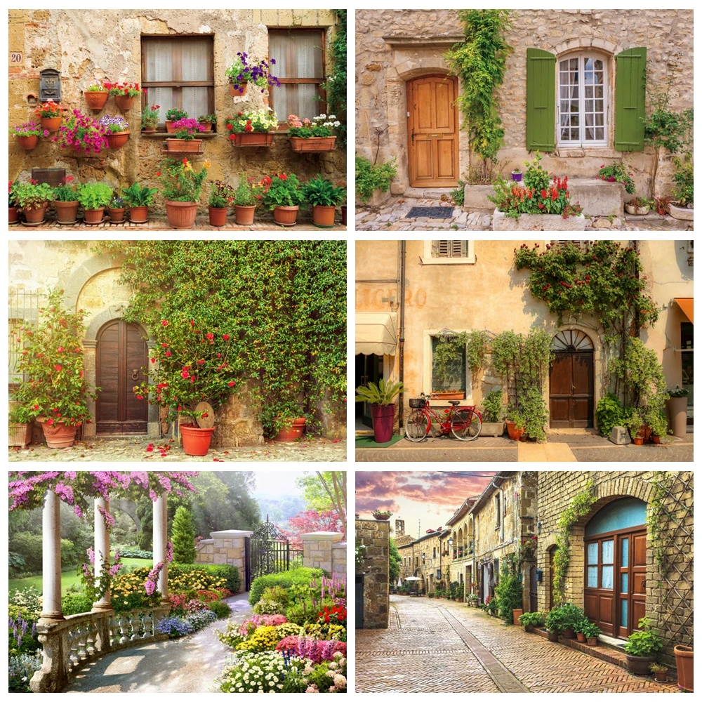 

European Countryside Italian Town Street Scene Backdrop Courtyard Floral Wood Door Window Baby Portrait Photography Background