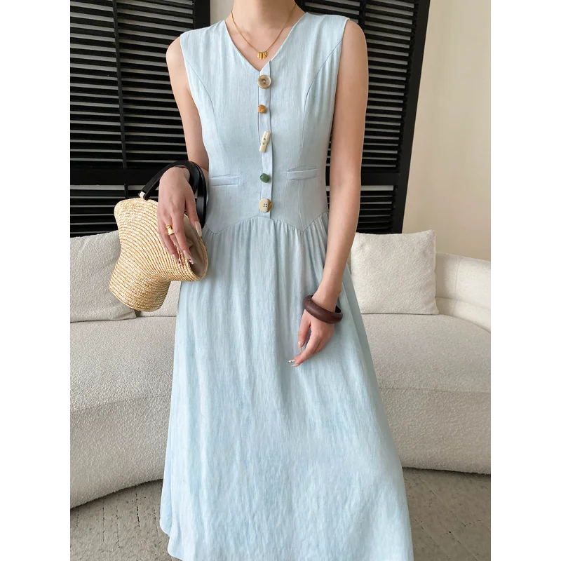 

Светло-голубое модное французское платье без рукавов с V-образным вырезом для женщин, элегантное праздничное платье, милое, простое, универсальное, длинное платье-жилет для женщин