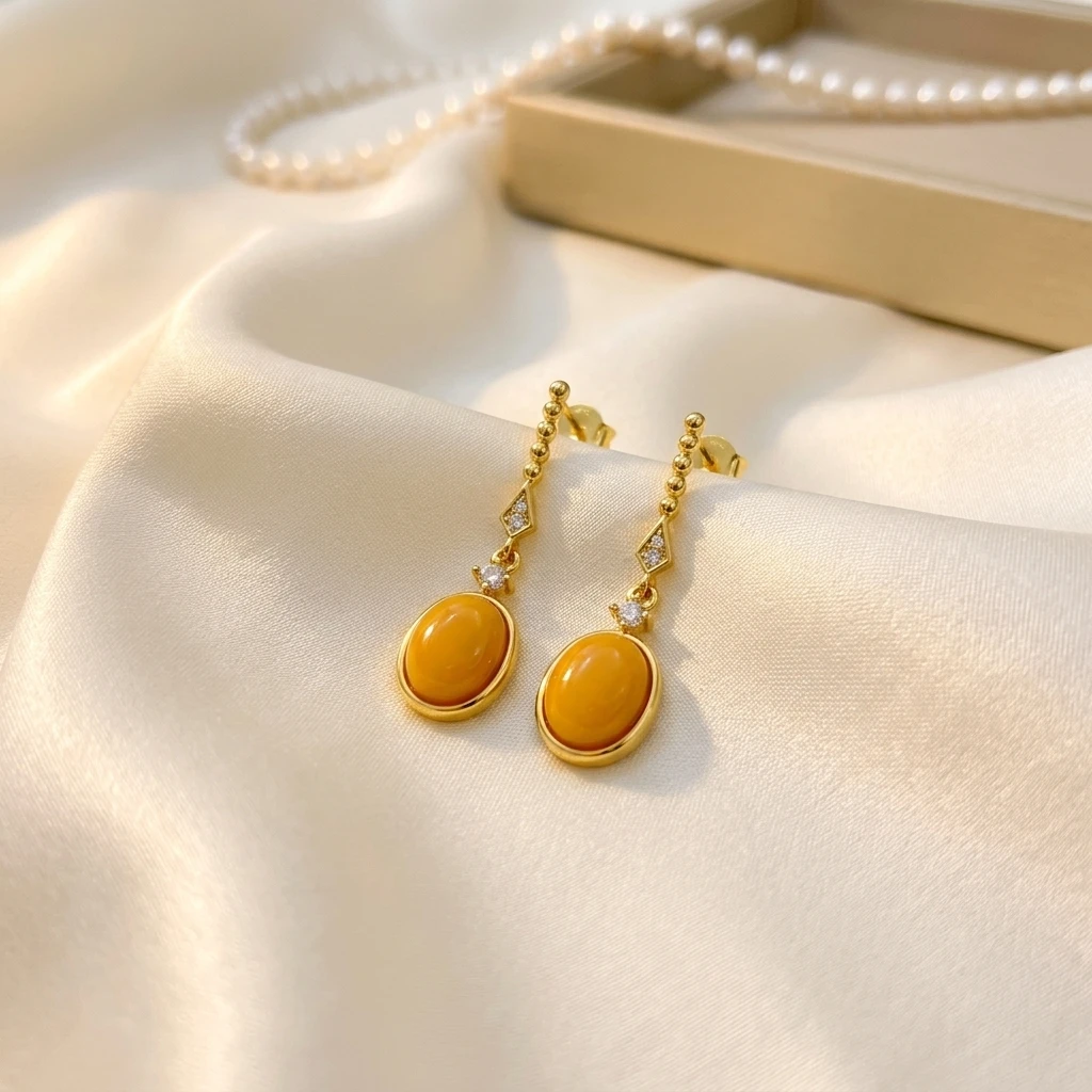 Certificate 925 Silver Natural Antique Yellow Amber Ear Drop Dangles Long Stud Earrings Personality Fine Jewelry For Party Gifts