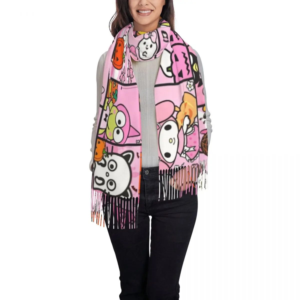 My Melody Sanrio Halloween Scarf Women Headwear Scarves with Tassel Winter y2k Cool Shawls and Wrap Warm Design Foulard