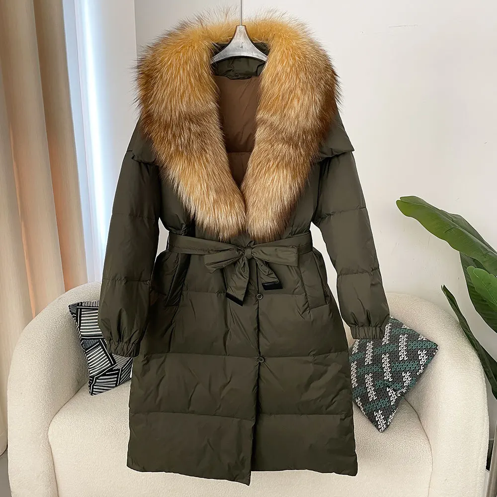 2024 Fur Jacket Winter Women White Duck Down Coat Thick Warm Belt Casual Natural Real Fox Raccoon Fur Collar Outerwear