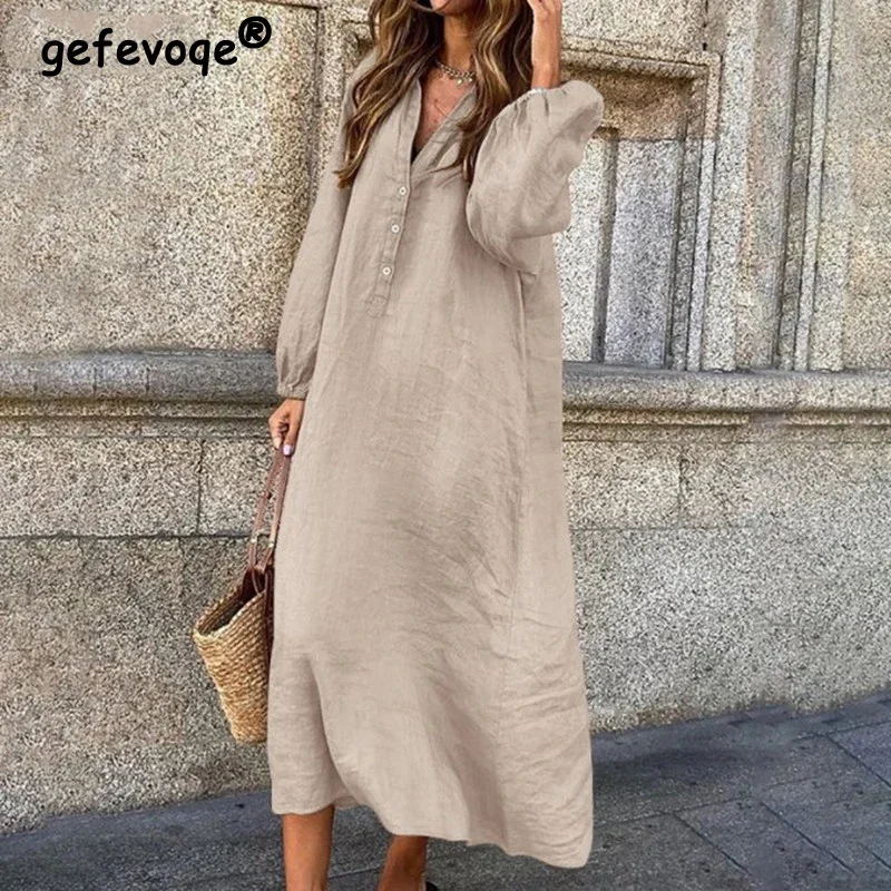 

Women Vintage Oversized Streetwear Cotton Linen Shirt Dresses for Women 2023 Spring Autumn Trendy V Neck Long Sleeve Maxi Dress