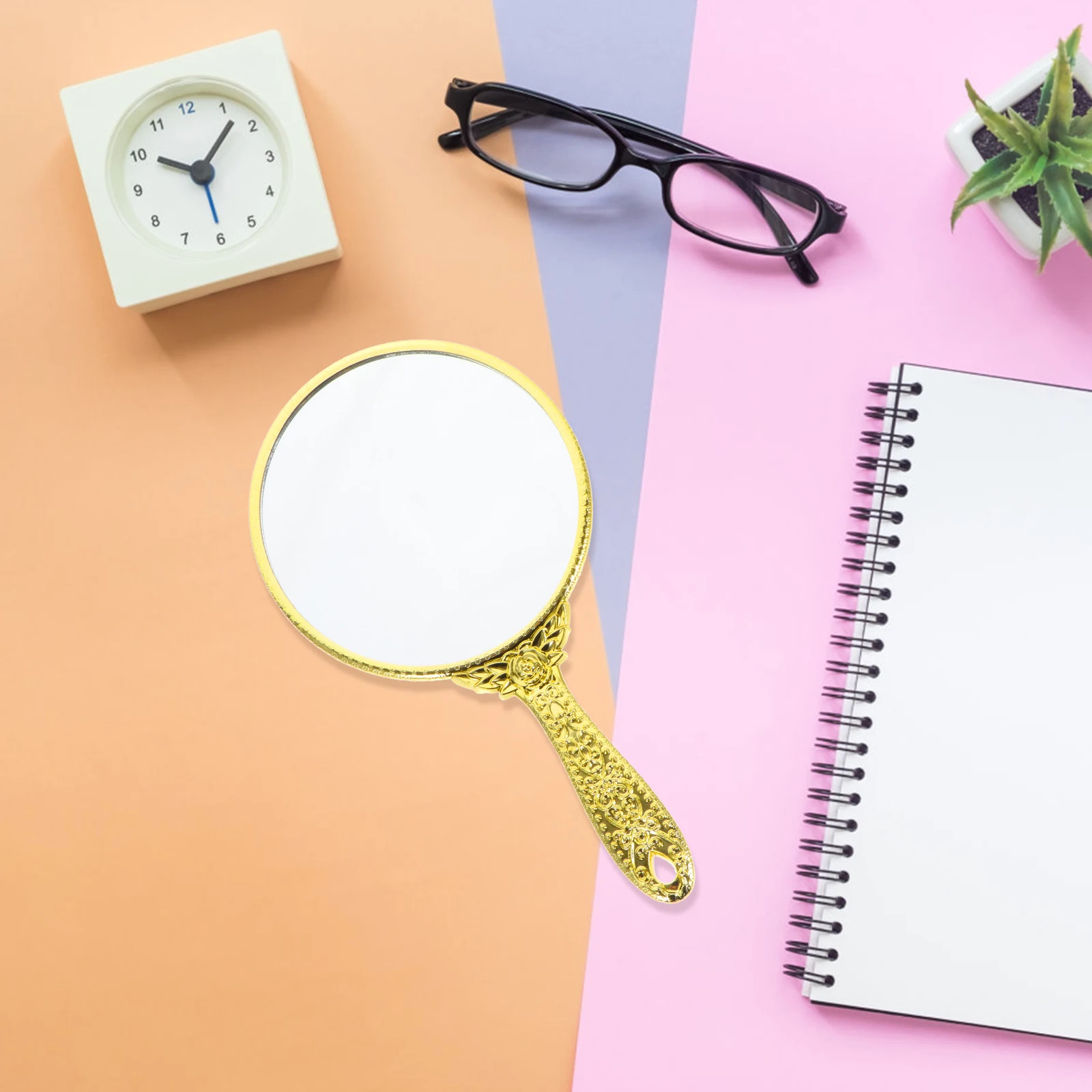 Specchio portatile con manico rosa in stile retrò, leggero, compatto, strumento per il trucco portatile per i viaggi