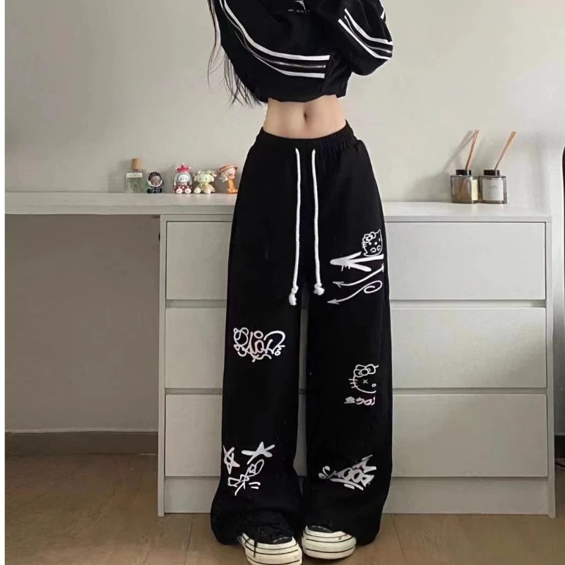 

Men/Women Retro Street Graffiti Print Loose Wide-Leg Hip-Hop Pants Drawstring Waist Dance Sports Jazz Casual Wear