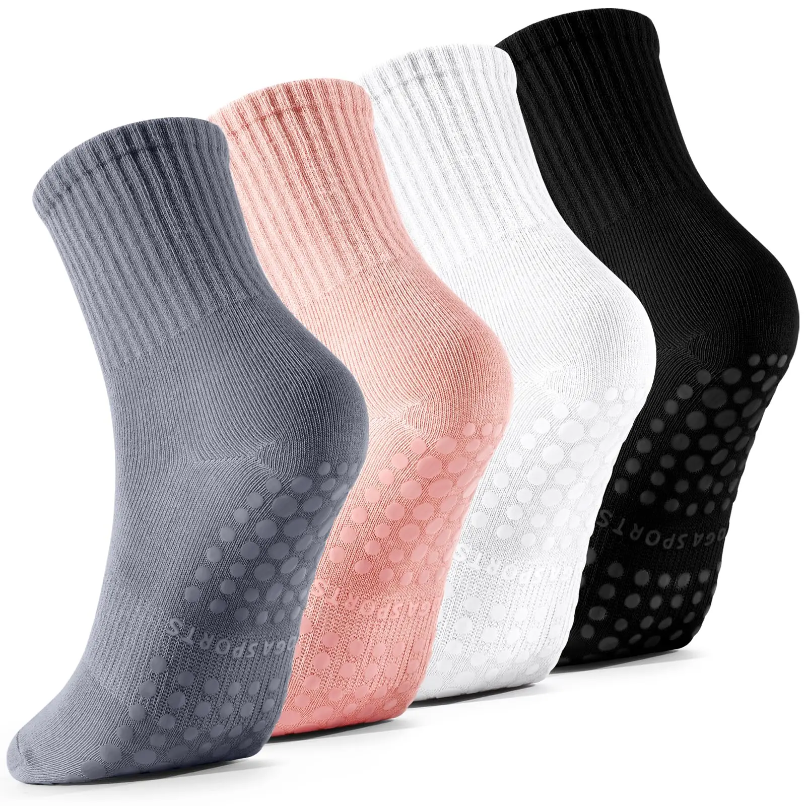 

4 Pairs Pilates Swith Grips for Women, Barre Yoga Grippy Socks, Womens Non Slip Pilates Crew Sticky Socks