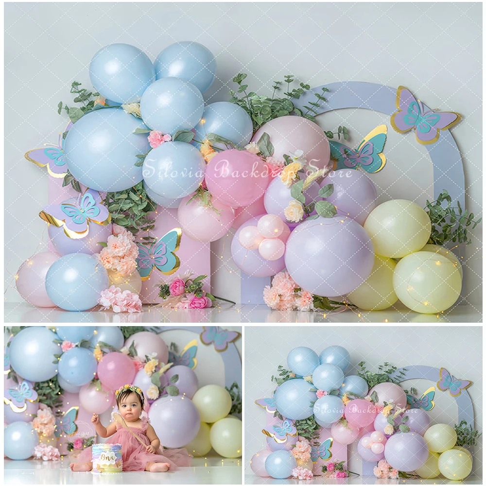 

Spring Flowers Butterfly Photography Backdrop Children Birthday Cake Smash Photo Background Blue Balloons Photo Studio Props