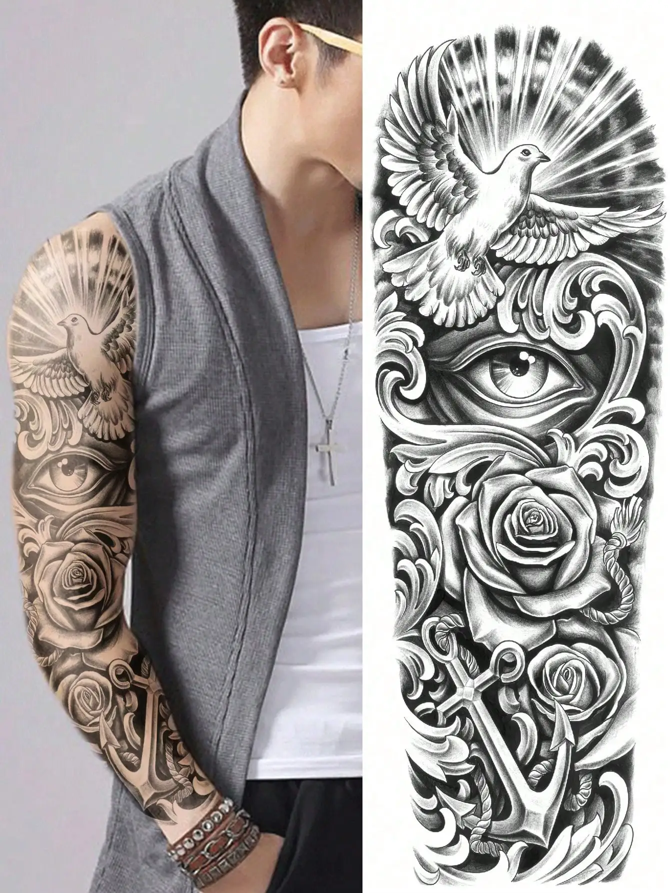 

1 лист временных татуировок для всего тела, очень большого размера, для мужчин и женщин, черные, реалистичные, с изображением ореола, розы и лодки