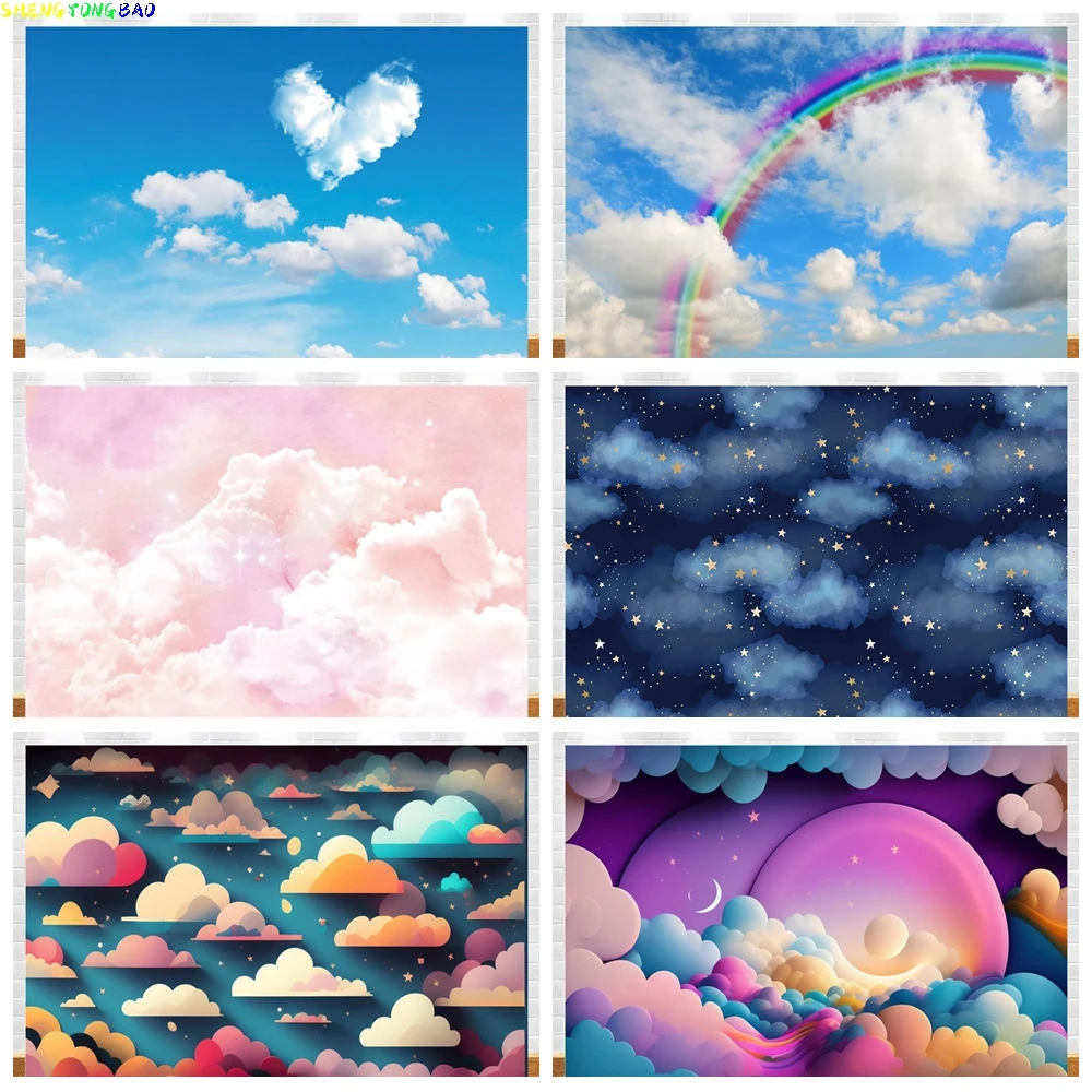 

Blue Sky Cloudy Backdrop for Photography White Cloud Rainbow Tapestry Twinkle Birthday Newborn Portrait Photo Background Studio