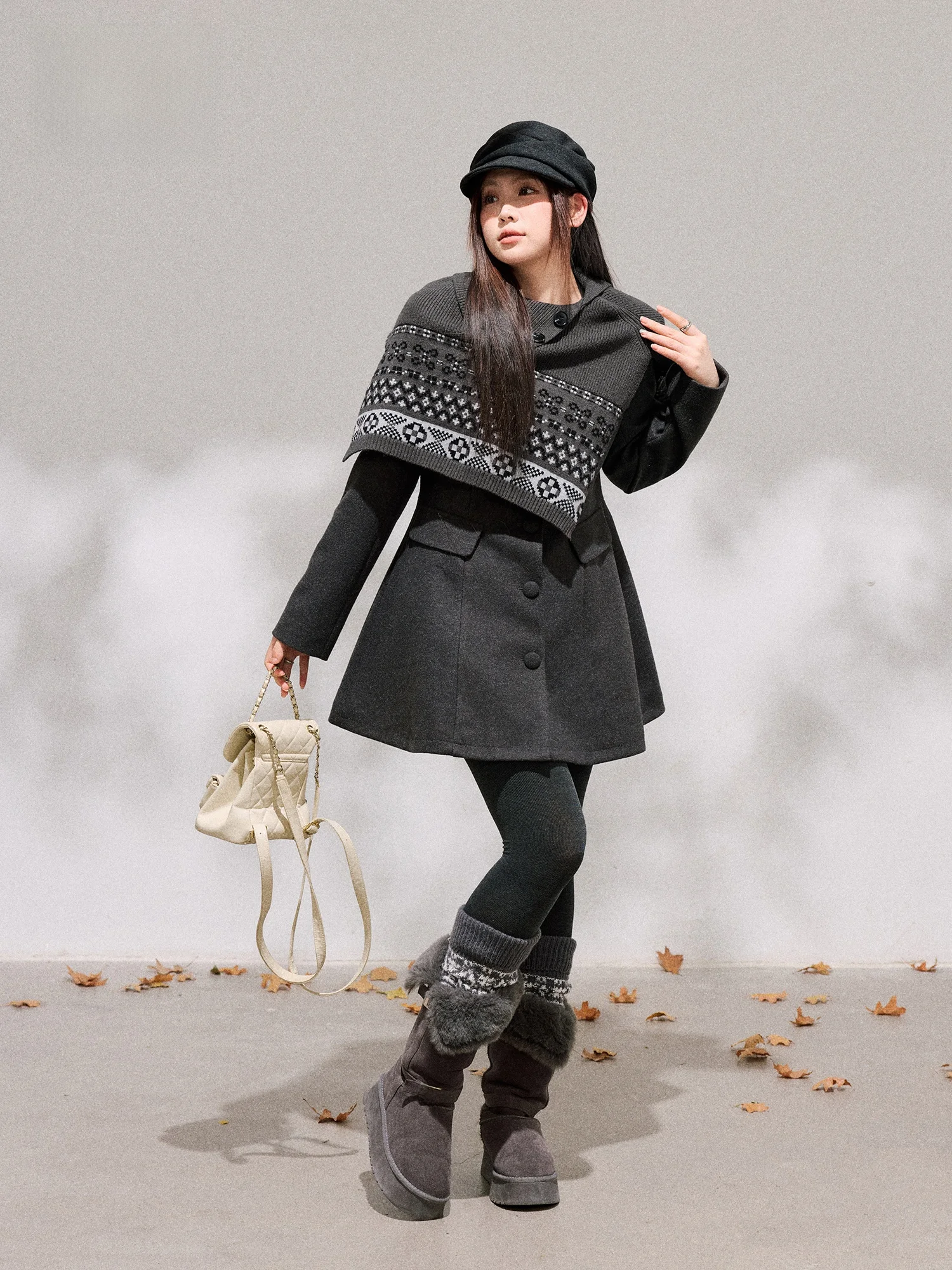 

plus Size Women's Knitted Shoulder Wrap And Skirt Set in Black Grey Slimming Korean Style High Waist A-Line Short Skirt