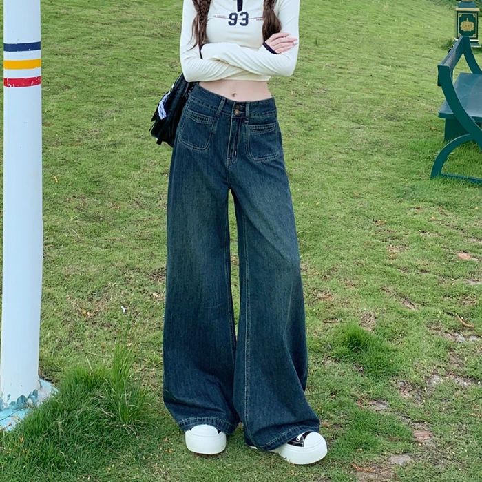 กางเกงยีนส์ทรงกระบอกขากว้างสีน้ำเงินสไตล์เกาหลี Y2K ย้อนยุคสำหรับผู้หญิง ฤดูใบไม้ร่วง ช่วยให้ดูหน้าท้องและต้นขาเล็กลง ทรงหลวมตรง