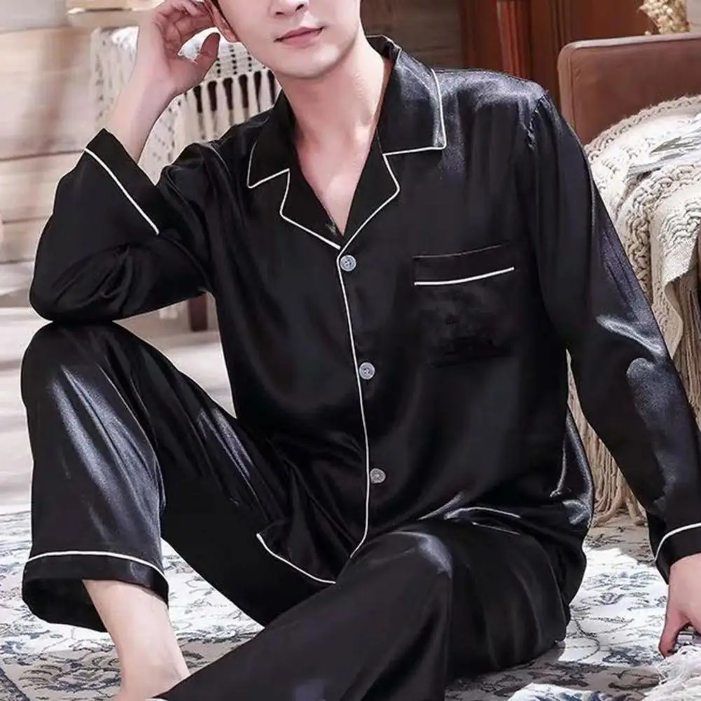 

1 Set Stylish Male Top Trousers Lapel Ice Silk Men Top Pants Relaxed Fit Turndown Collar Pajamas Set