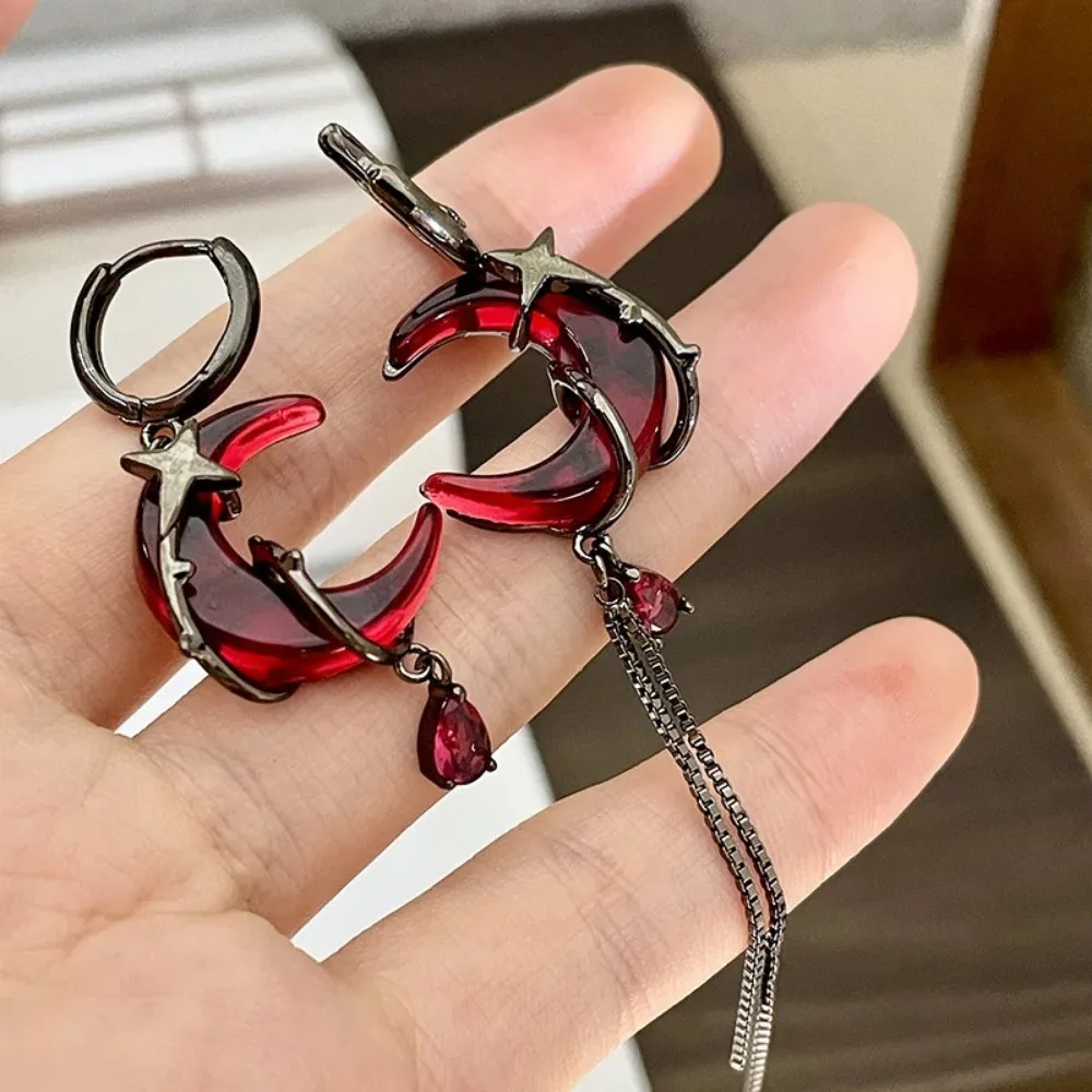 Asymmetry Red Moon Rose Earrings Women European American Style Personality Crystal Drop Pendant Earrings image 5