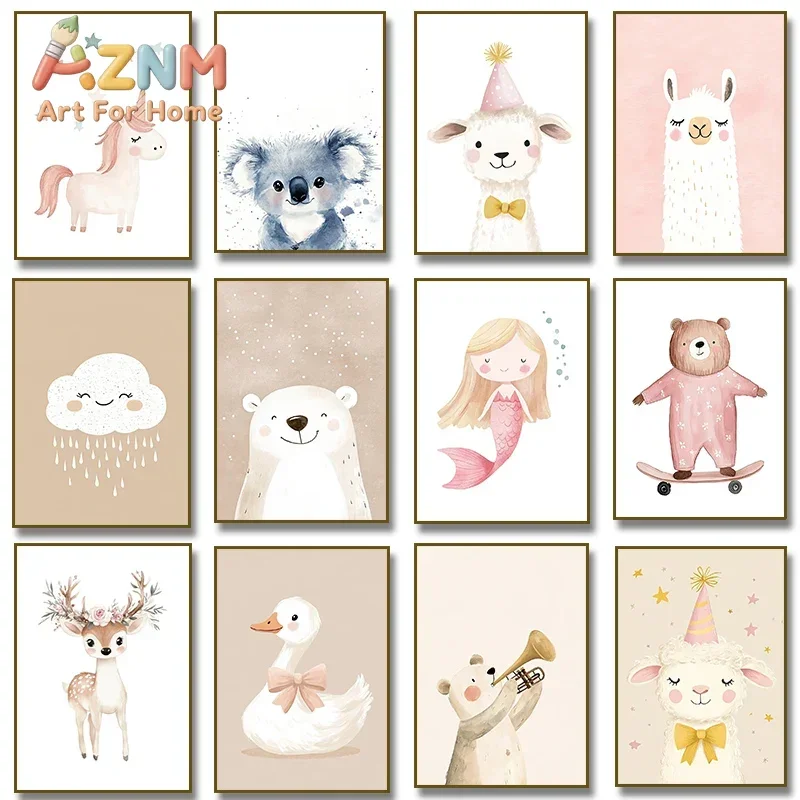 2026 Cute Watercolor Unicorn Mermaid Llama Goose Deer Bear Poster Canvas Painting Print for Kids Room Nursery Home Decoration