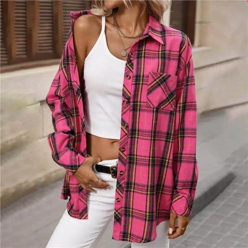 Camicie da donna casual 2025 Autunno Inverno Classico plaid Stampa completa Bottone davanti Camicia a maniche lunghe Colletto superiore Camicette da donna da ufficio