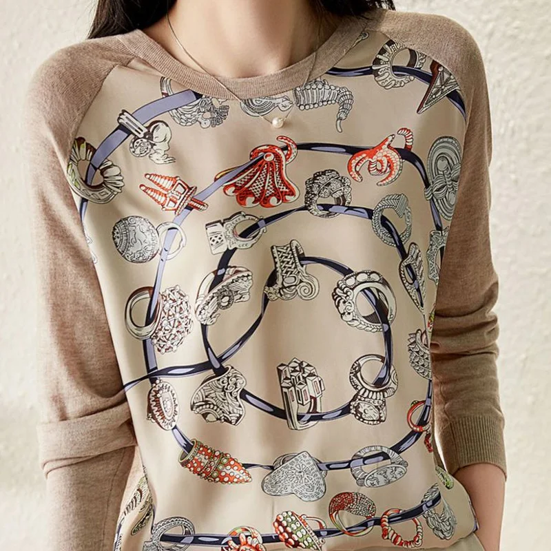 2023 Spring Autumn New Fashion Printing Round Neck Long Sleeve Knitting Pullovers Women Elegant Korean Style All-match Tops