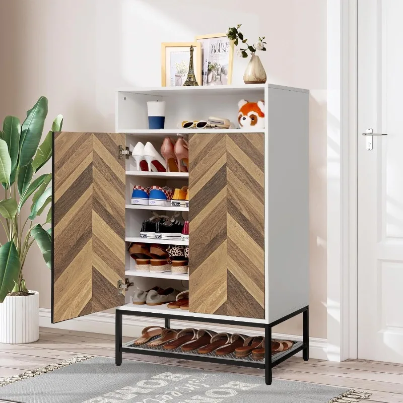 Shoe Cabinet, 7-Tier 24 Pairs Shoe Storage Cabinet with Doors and 3 Adjustable Shelves, Wooden Shoe Organizer