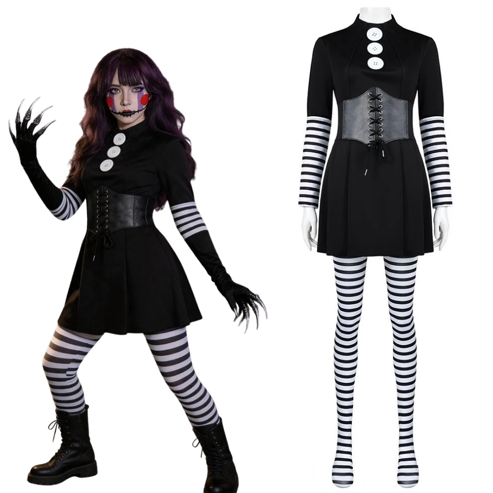 Costume de cosplay Marionette Five Nights Fantasia pour femmes, robe, corset, ceinture, tenues de jeu de rôle, costume d'Halloween et de carnaval