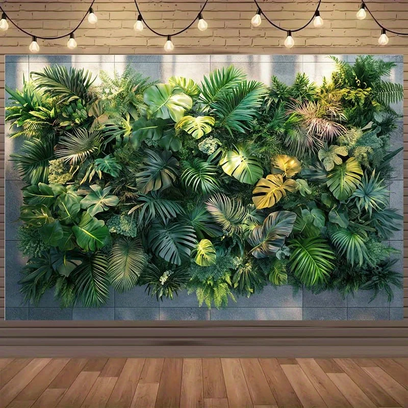 1 لافتة خلفية الغابة الاستوائية مع أوراق خضراء مميزة وتصميم أوراق حية - مناسبة لأعياد الميلاد والعطلات والحفلات