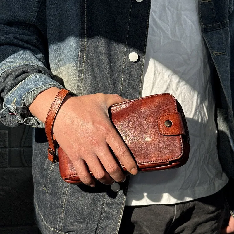 Handmade men's handbag vegetable tanned cowhide clutch bag multifunctional retro leather shoulder crossbody mobile phone bag