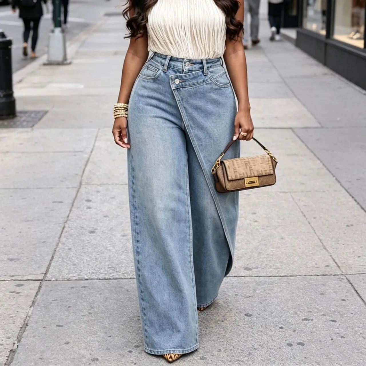 Y2K Women Baggy Jeans Flared High Waist Denim Pants Wide Leg Asymmetrical Design Light Wash Straight Cut Full Length Casual