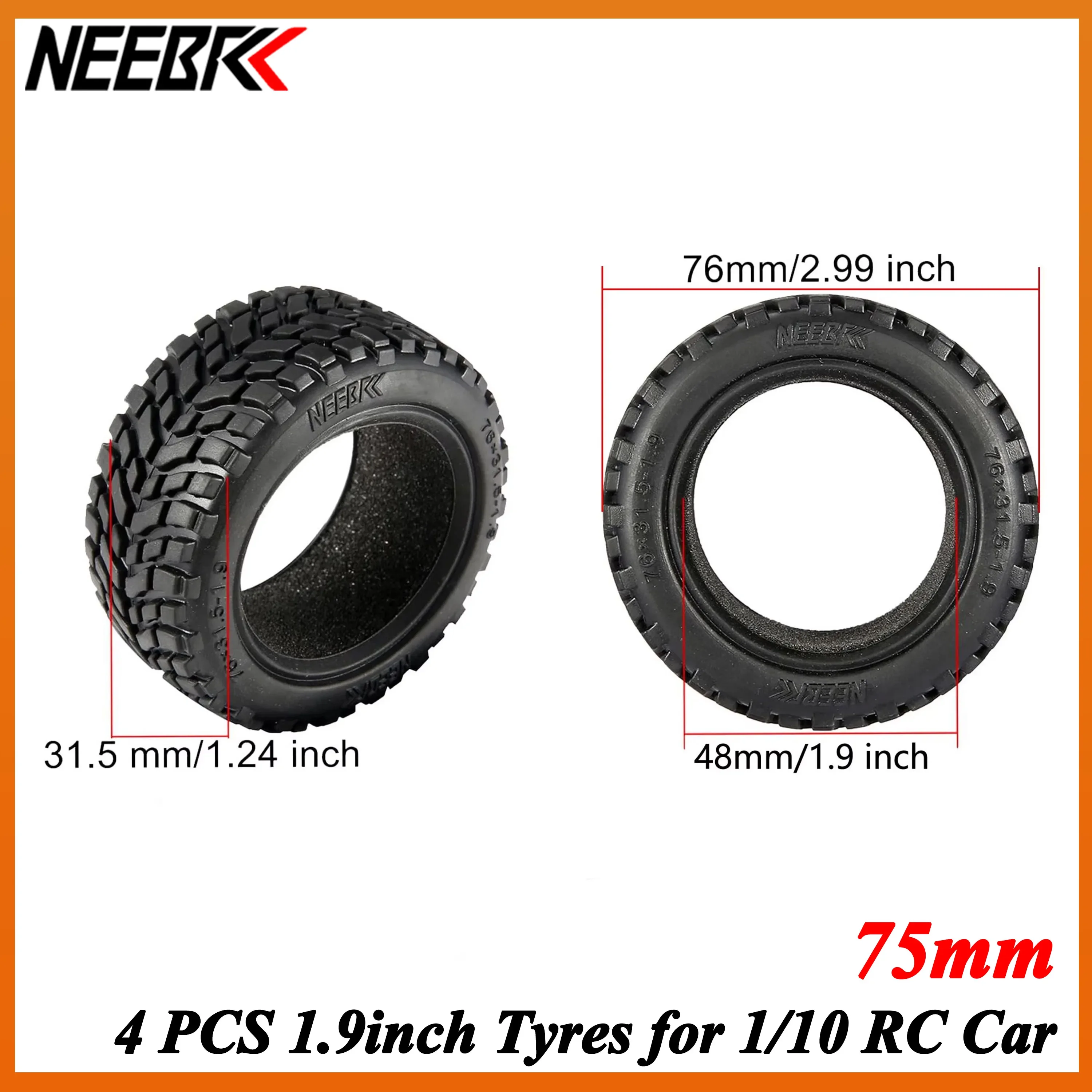 4PCS NEEBRC 75mm 1.9 inch Rubber Tyre Wheel Tire Hex Rim Hub for 1/10 1/14 1/16 RC Car Crawler Off-road Climbing HSP HPI Wltoys