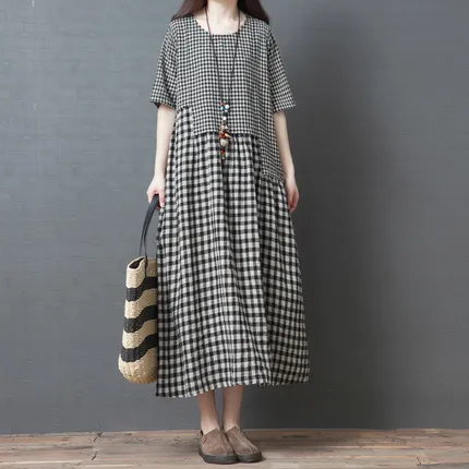 

Summer New Style 2024 Loose plus Size Women's Fashionable Comfortable Cotton Linen Plaid Dress Korean Version Women's Dress