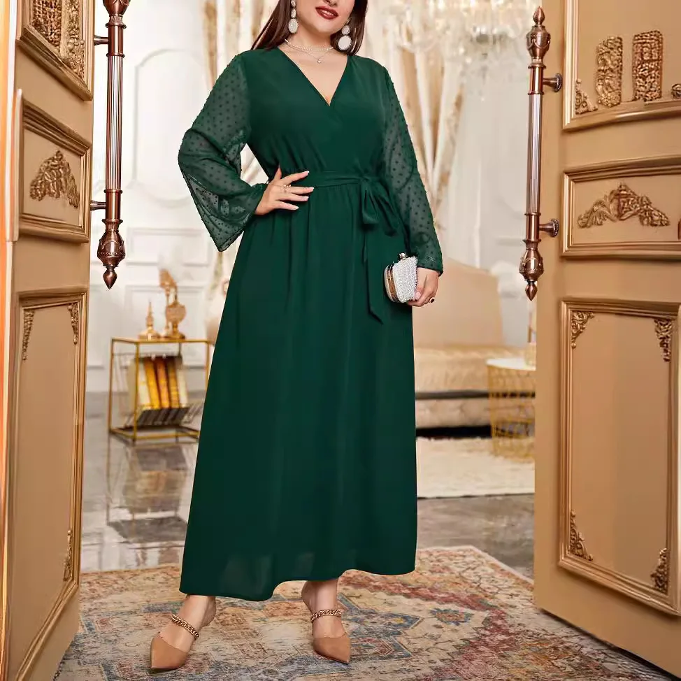 فستان أنيق برقبة على شكل حرف V وأربطة وأكمام طويلة من الشيفون مقاس كبير باللون الأخضر