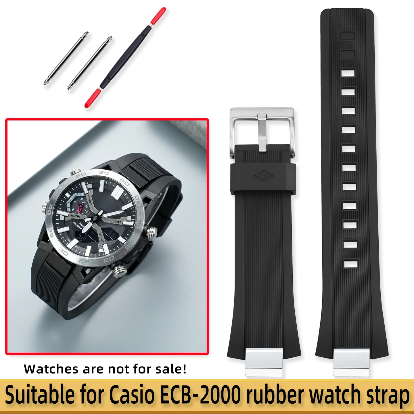 Suitable for Casio ECB-2000 rubber watch strap, men's waterproof watch chain, and specialized interface watch accessories 12mm