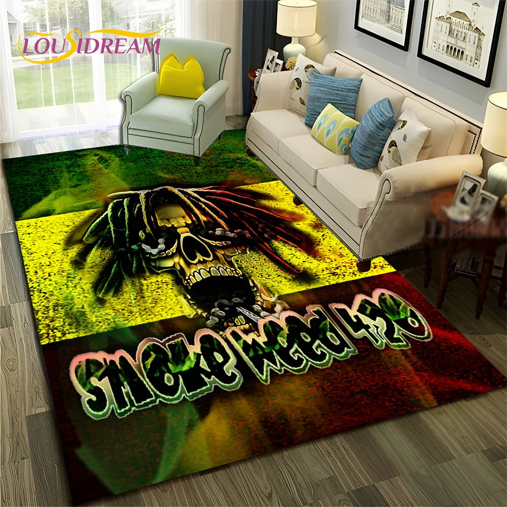 Maple Weed Plants Green Death Skull Smoke Carpet Rug for Home Living Room Bedroom Sofa Doormat Decor,Area Rug Non-slip Floor Mat