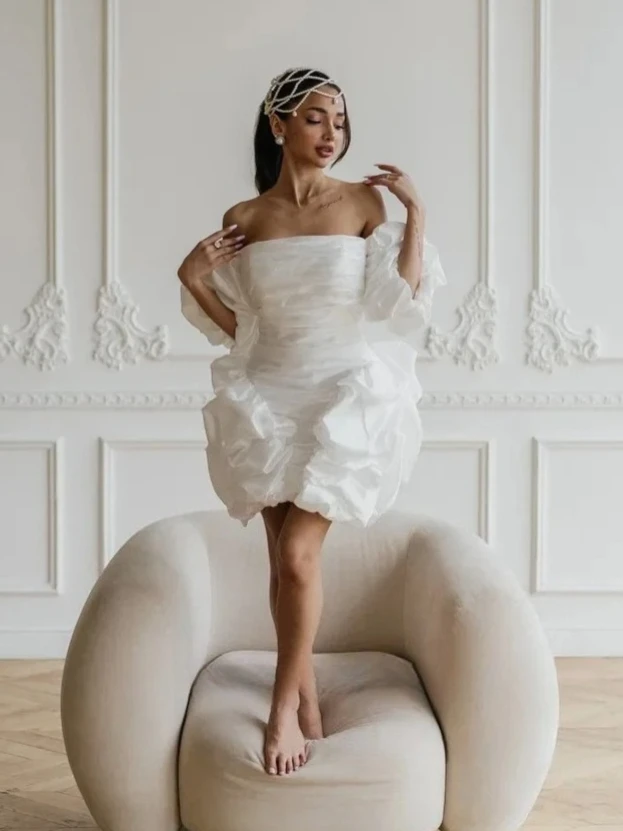 Customized Elegant Dignified Satin Short Wedding Dresses Charming Temperament Off Shoulder Short Sleeves Unique Bridal Gowns