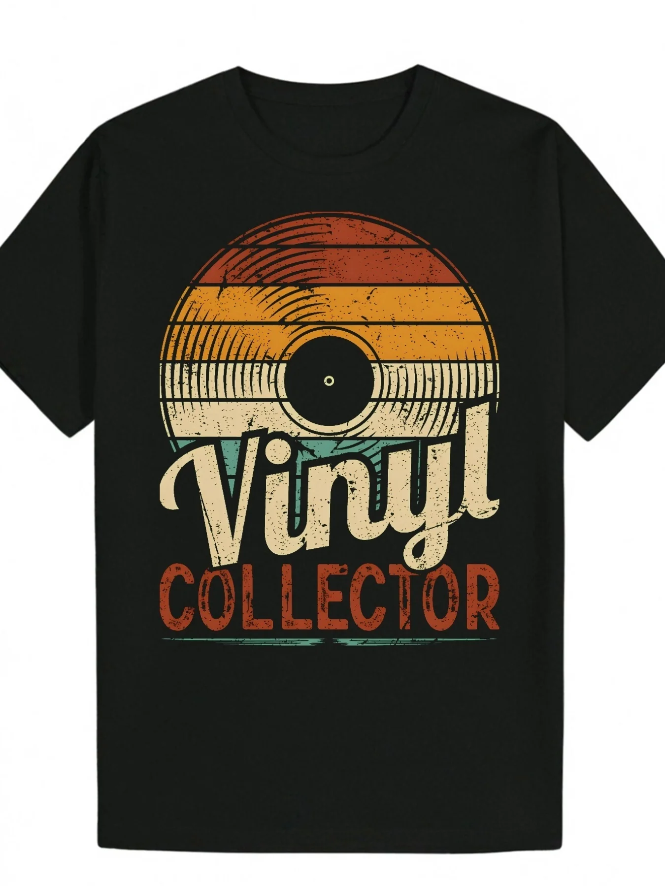 Men's Retro Vinyl Record Pattern T-Shirt, Vintage Collectible Design, Featuring Vinyl Records and Text, Black with Orange, Red, White, Gray, and Beige, Round Neck, Regular Fit, Short Sleeves, Slightly Stretchy Fabric, Moisture-Wicking, Plus Size