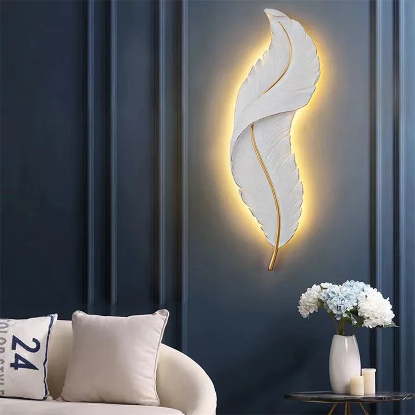 Nordic feather wall lamp, living room, bedroom, headboard, foyer, creative feather lamp, resin aisle, minimalist background ligh