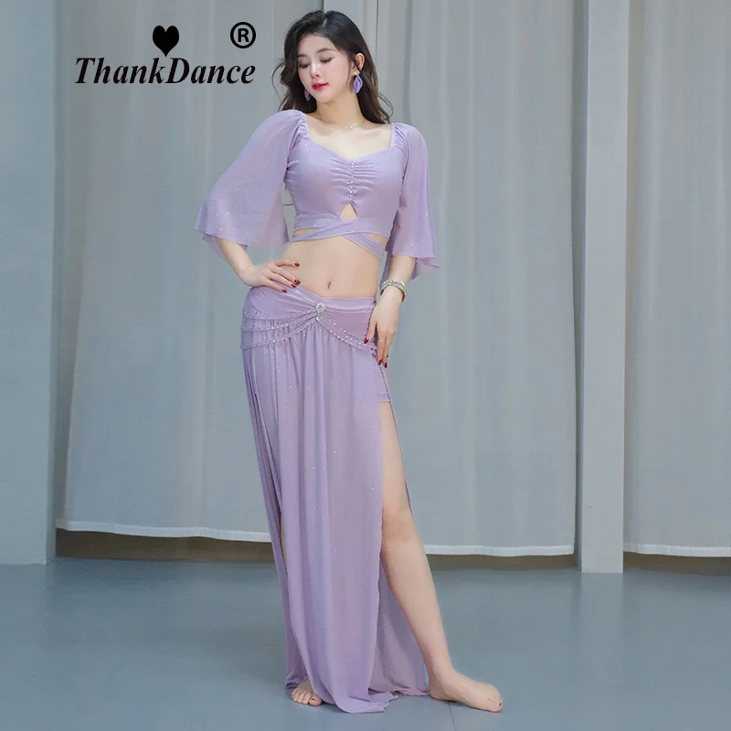Ensemble d'entraînement de danse du ventre pour femmes, 2 pièces, haut et jupe fendue élégante, Costume d'entraînement pour dames, ensemble de costumes de spectacle de danse du ventre