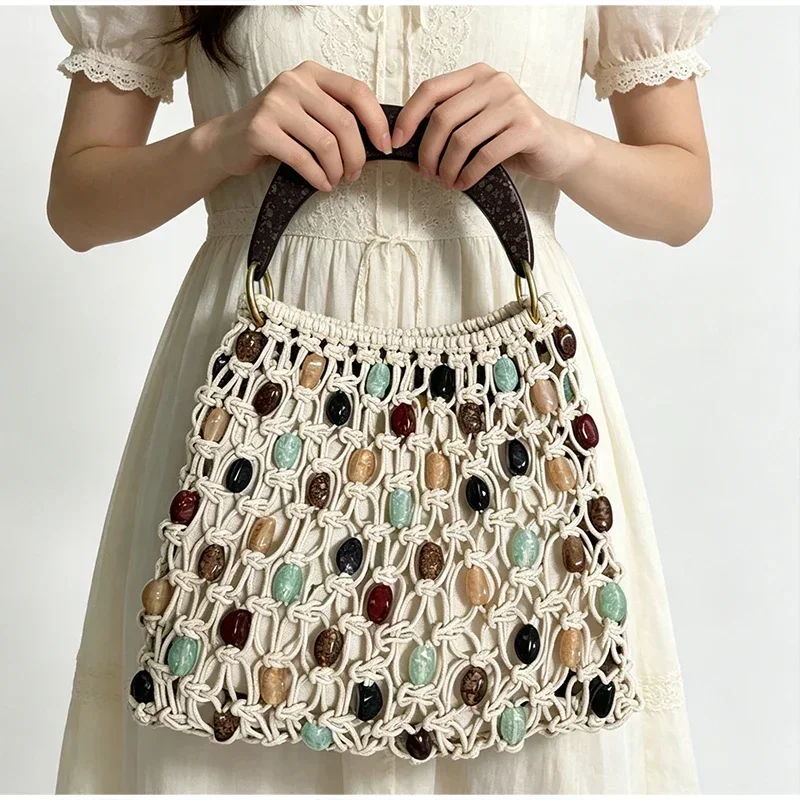 Vintage Handgefertigte Perlen-Handtasche Nischen-Designer Luxus Ausgehöhlte Bucket Bag Neue Sommer Damen Strand-Urlaubstasche – Detail 5